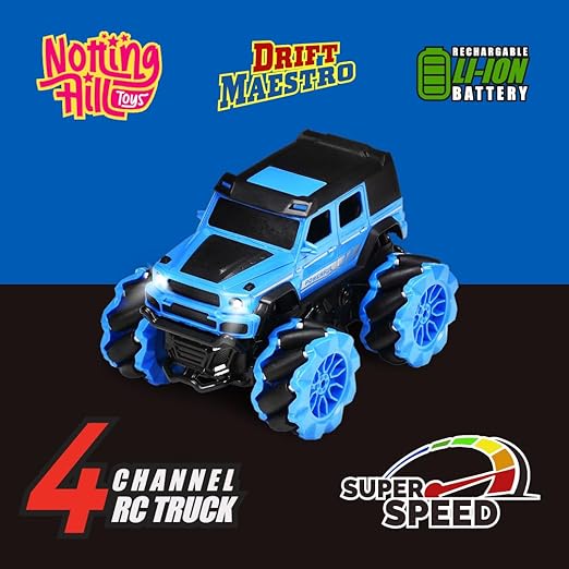 Notting Hill Drift Mastro Remote Control Car for Kids Rechargeable Rc Car Offroad High Speed with 2 Speeds and 4 Headlight Modes | Lithium Battery | C-Type Charging | Made in India (Blue)
