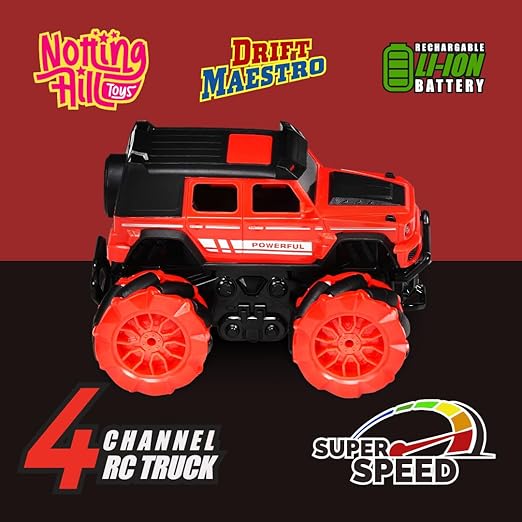 Notting Hill Drift Mastro Remote Control Car for Kids Rechargeable Rc Car Offroad High Speed with 2 Speeds and 4 Headlight Modes | Lithium Battery | C-Type Charging | Made in India (Red)